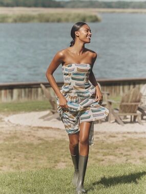 Anthropologie Strapless Maxi Dress in Cream, Blue, Green and Tan